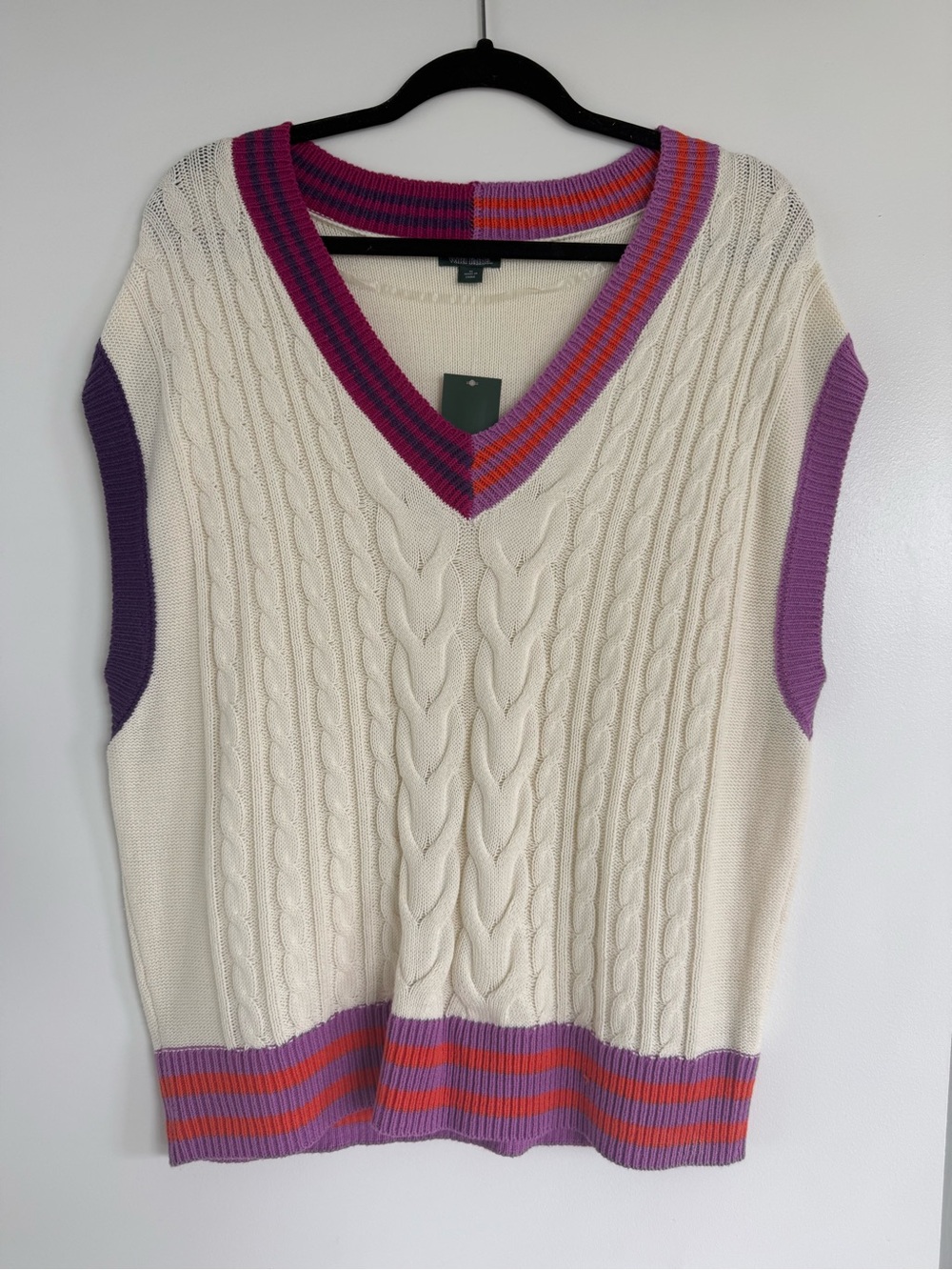 Target Cream Cable-Knit V-Neck Sweater Vest with Purple & Pink Trim